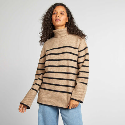 Pull en maille col montant Beige/noir