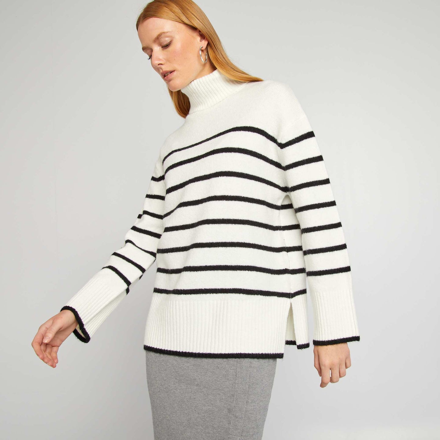 Pull en maille   rayures et col montant Blanc/noir