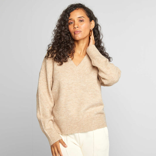 Pull en maille à col V Beige