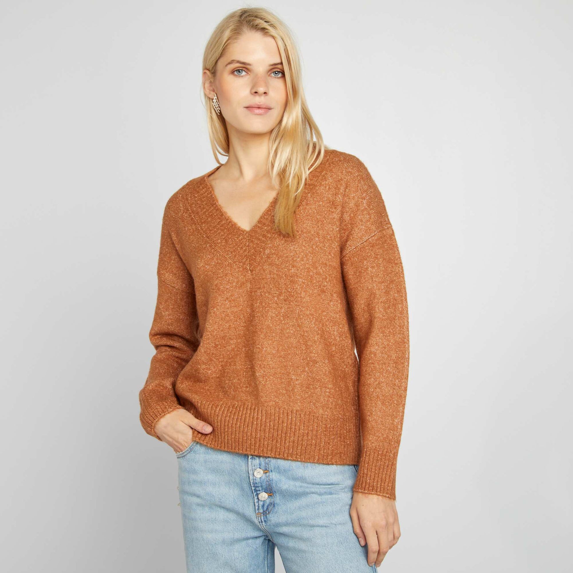 Pull en maille col V Marron