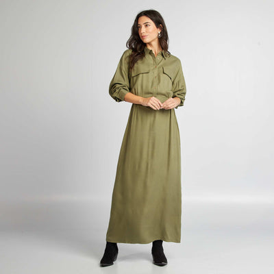 Robe longue motif avec col chemise Kaki