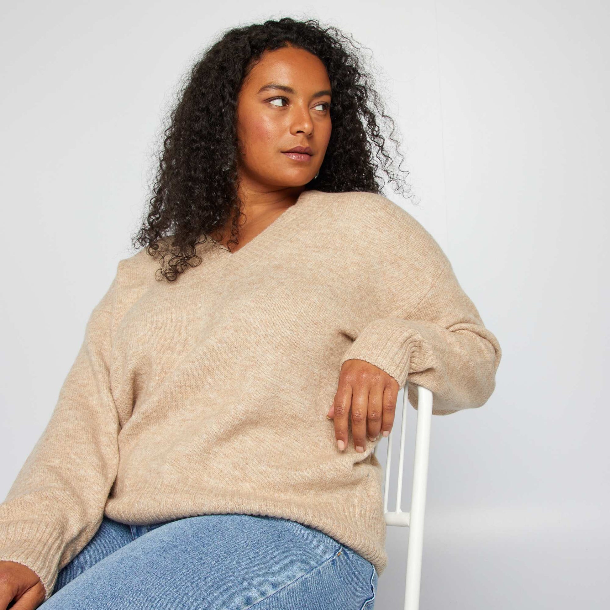 Pull col V Beige – Kiabi Algérie - Main Image