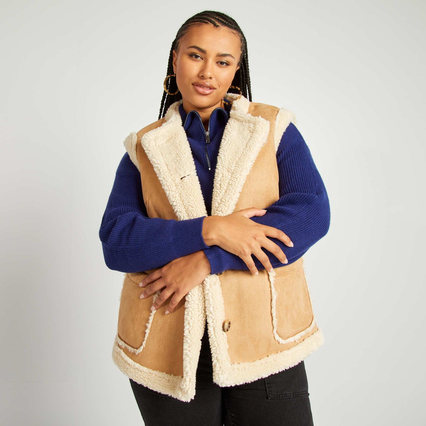 Gilet sans manches imitation peau lainée Beige