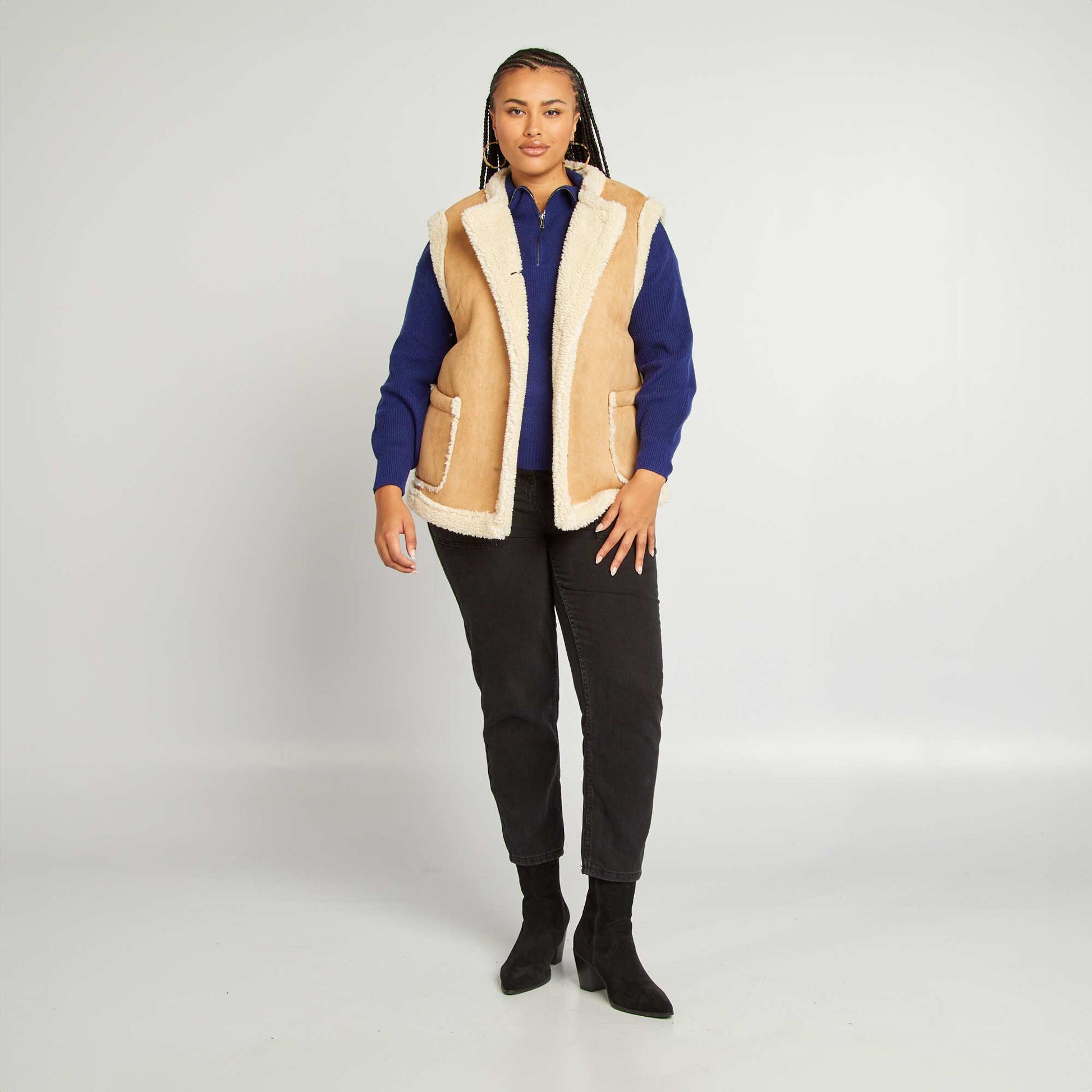 Gilet sans manches imitation peau lain e Beige