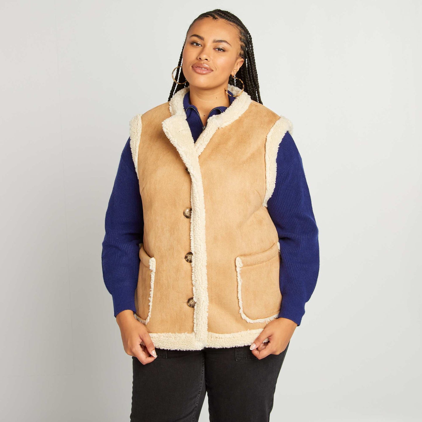 Gilet sans manches imitation peau lainée Beige