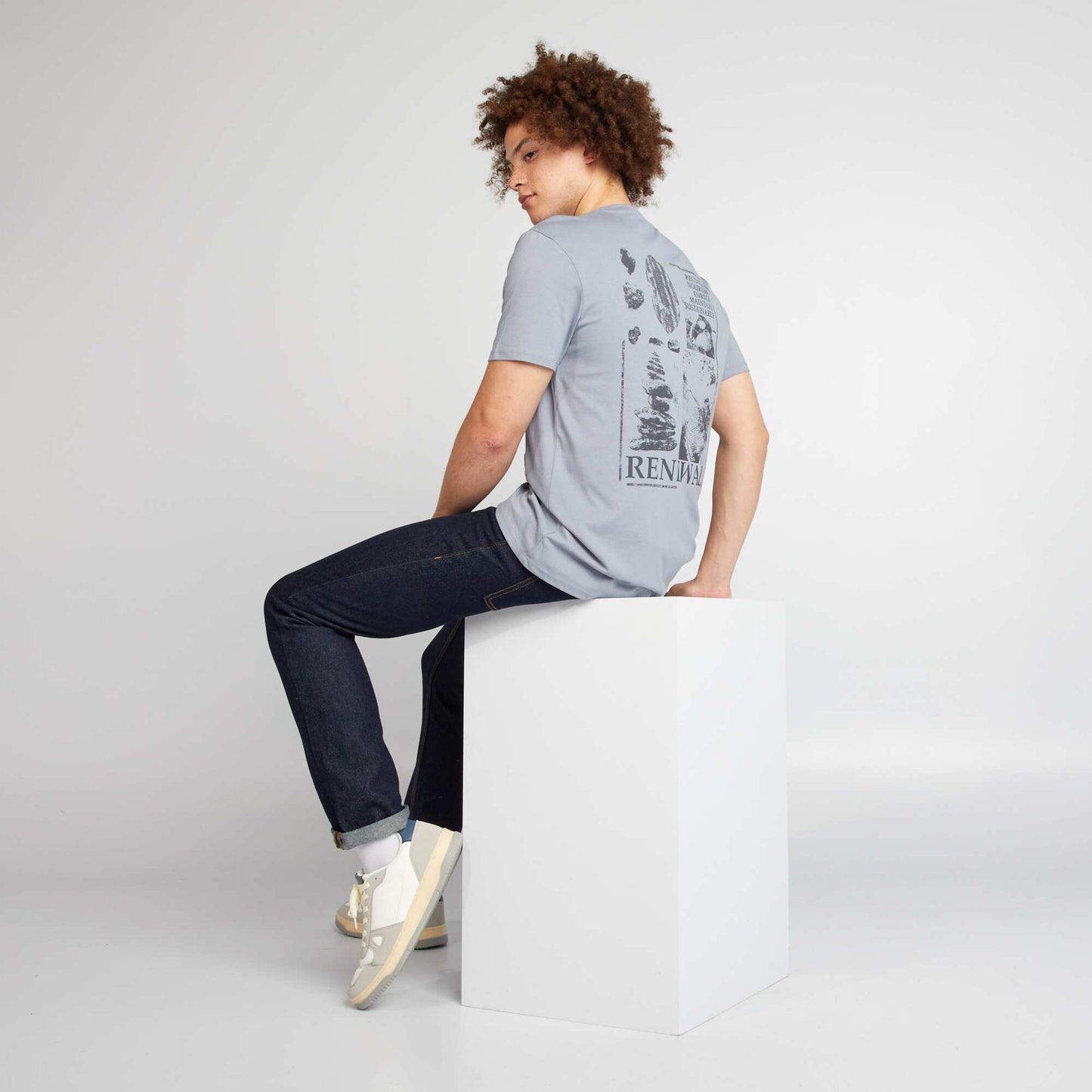 T-shirt en coton   coupe droite avec imprim  Bleu 'Renewal'