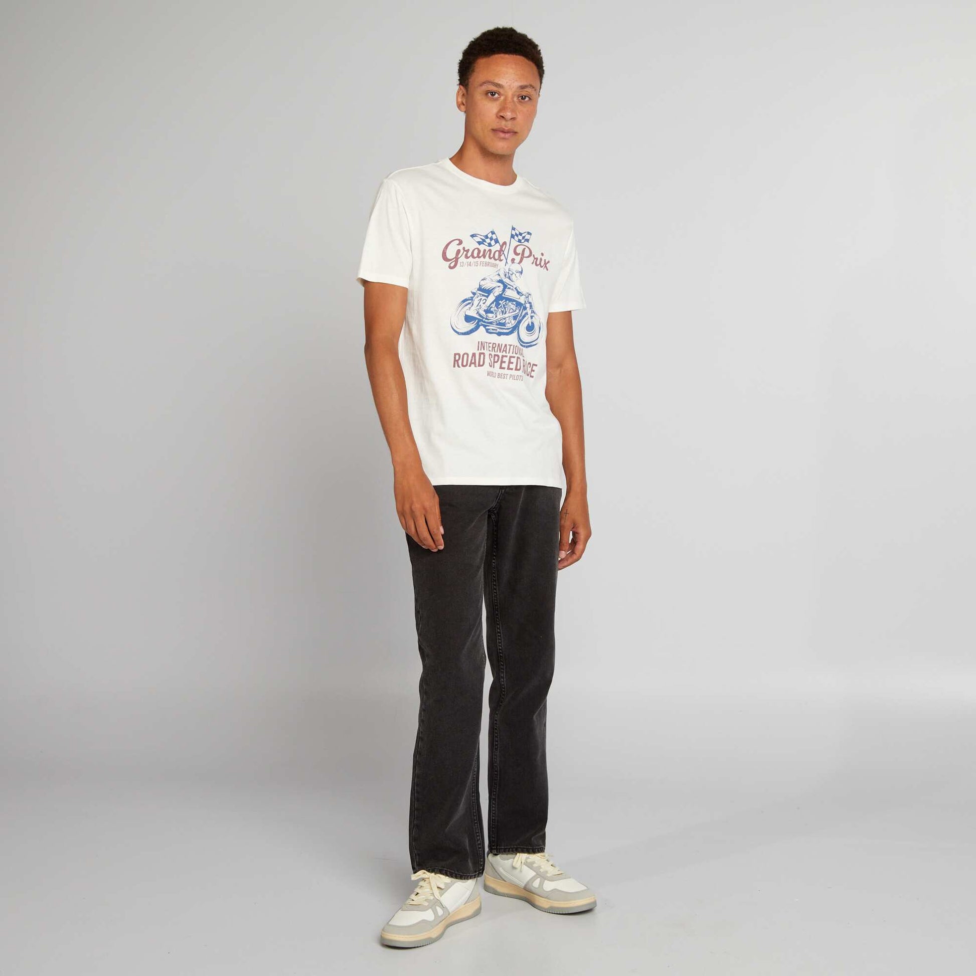 T-shirt en coton coupe droite avec imprim Blanc 'Grand prix'
