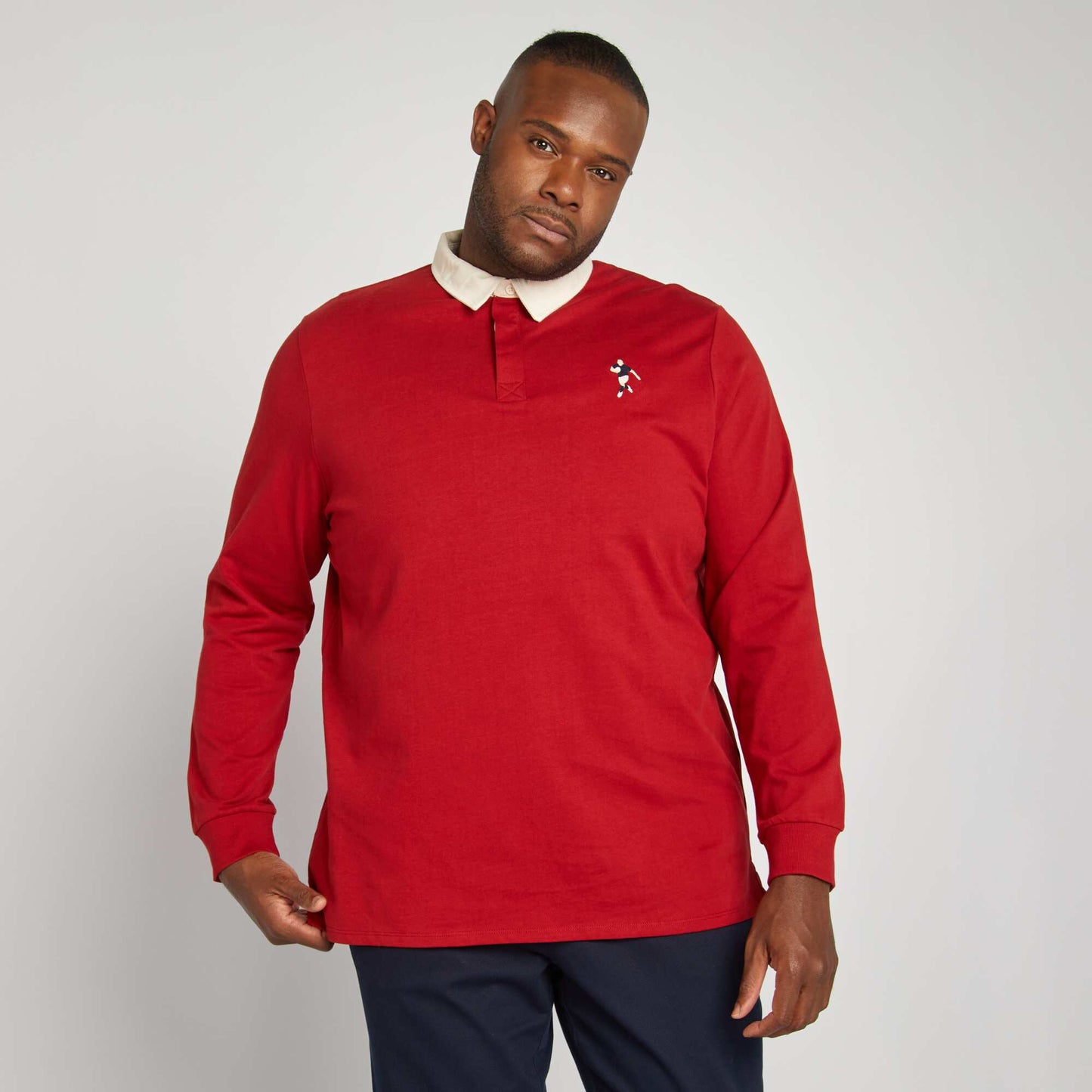 Polo uni manches longues style rugby Rouge