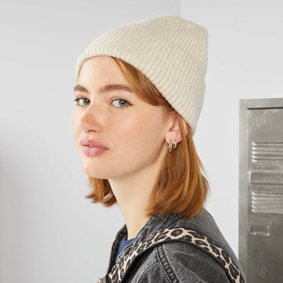Bonnet avec revers en maille Blanc cass