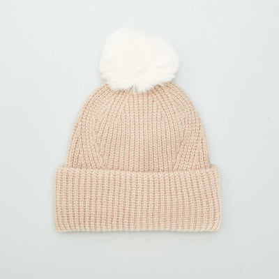 Bonnet en maille c tel e avec pompon Marron