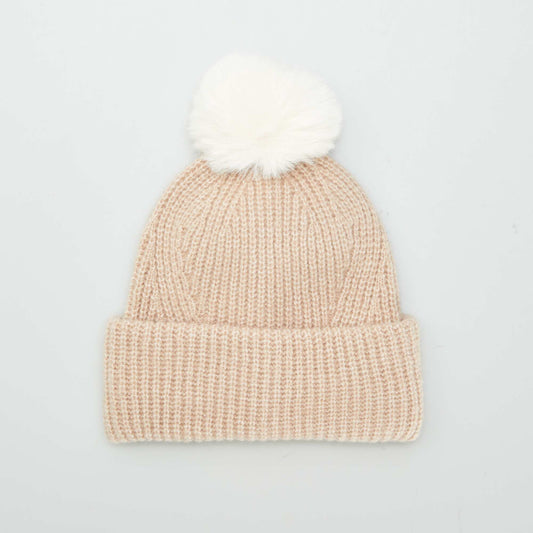 Bonnet en maille c tel e avec pompon Marron