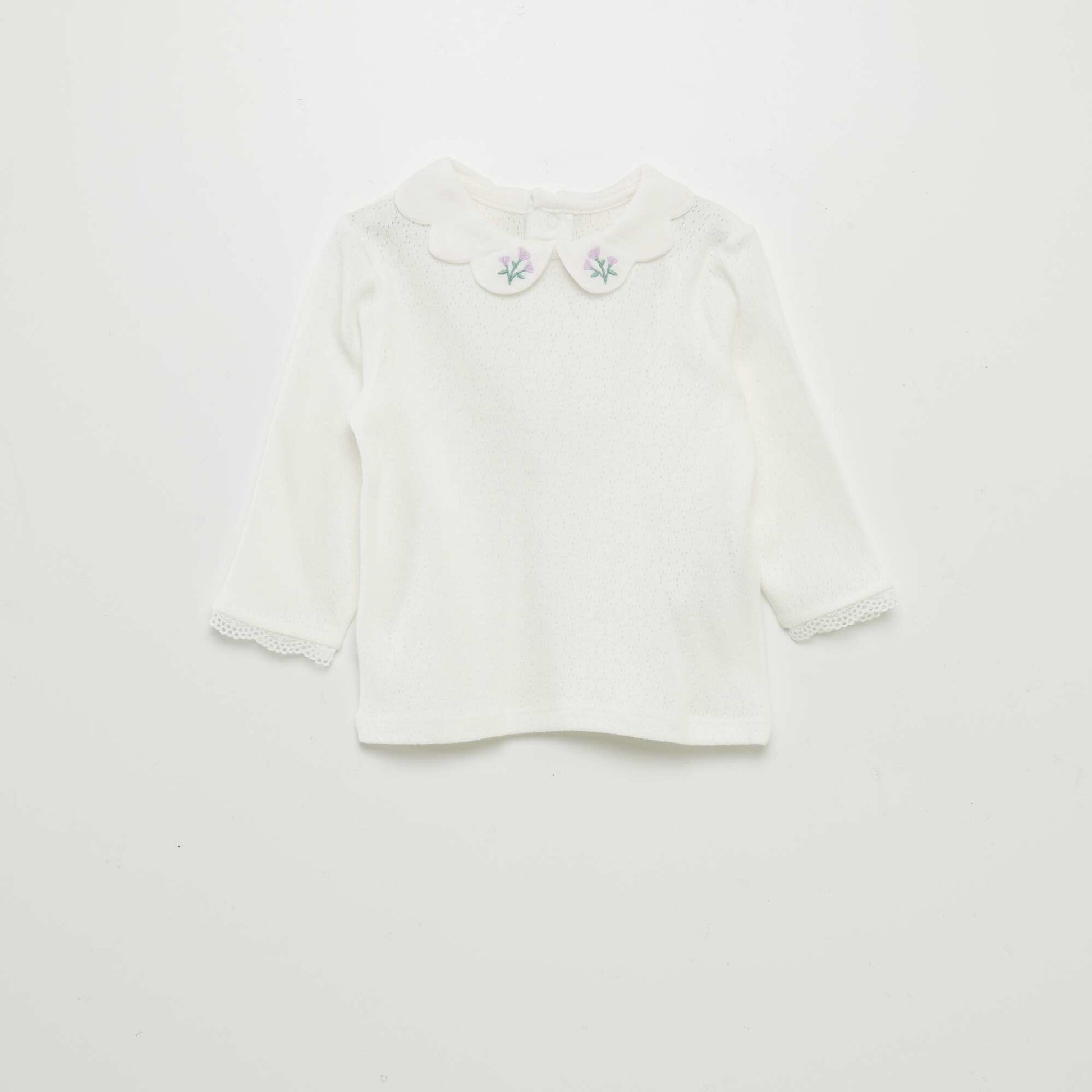 T-shirt col claudine en maille pointelle Blanc