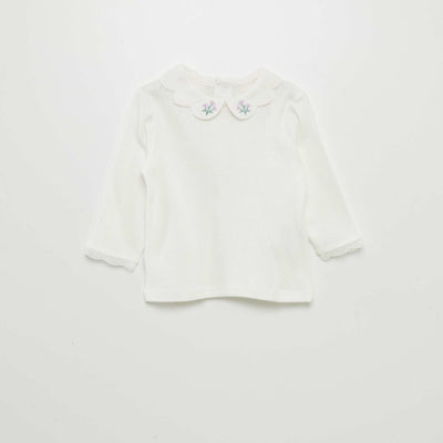 T-shirt col claudine en maille pointelle Blanc