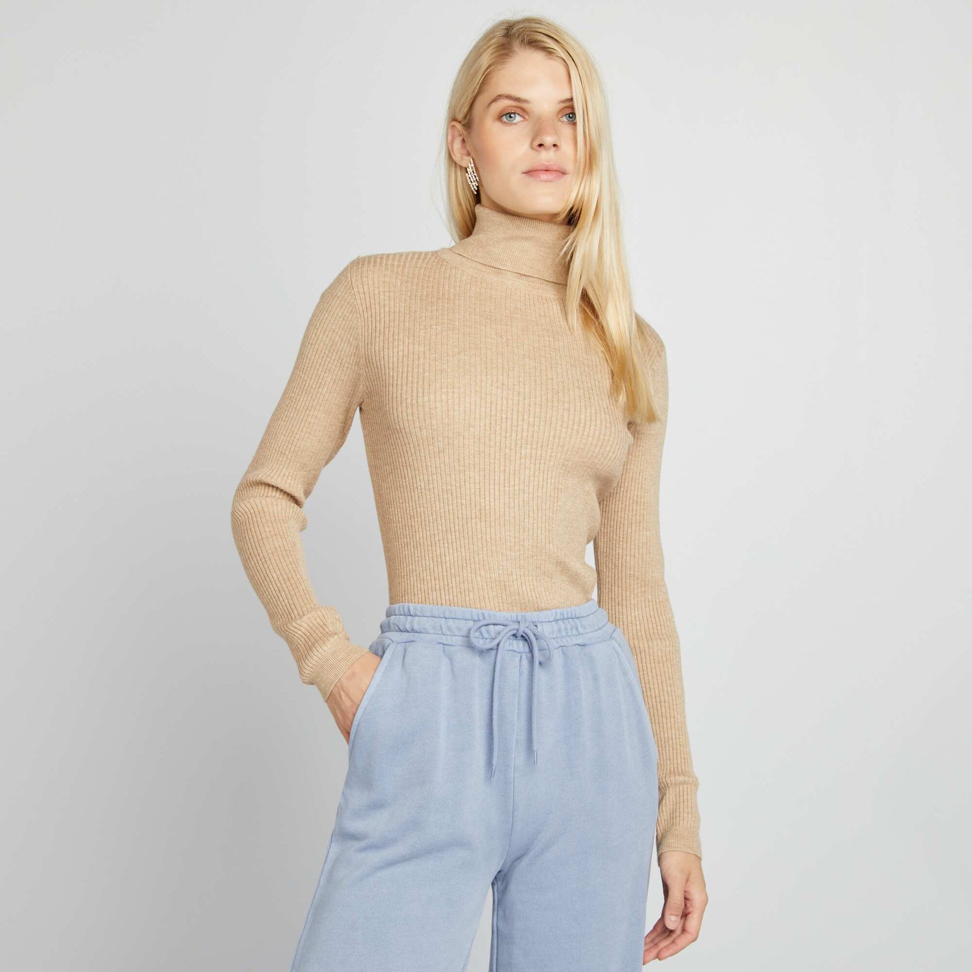 Pull col roul en maille c tel e Beige