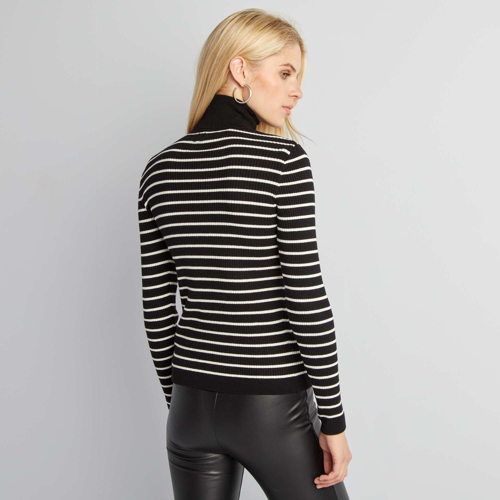 Pull col roul en maille c tel e rayures Noir/blanc