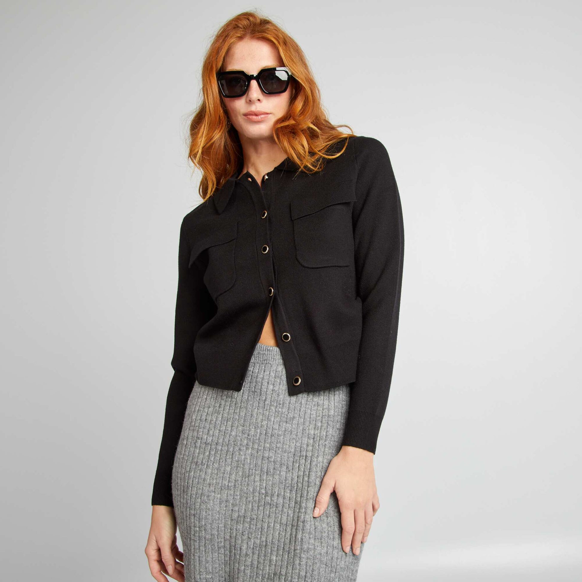 Gilet boutonn en maille avec col polo noir