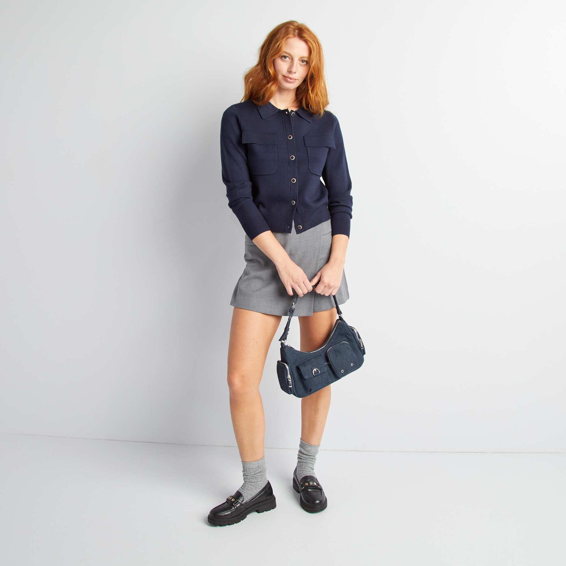 Gilet boutonn en maille avec col polo Bleu