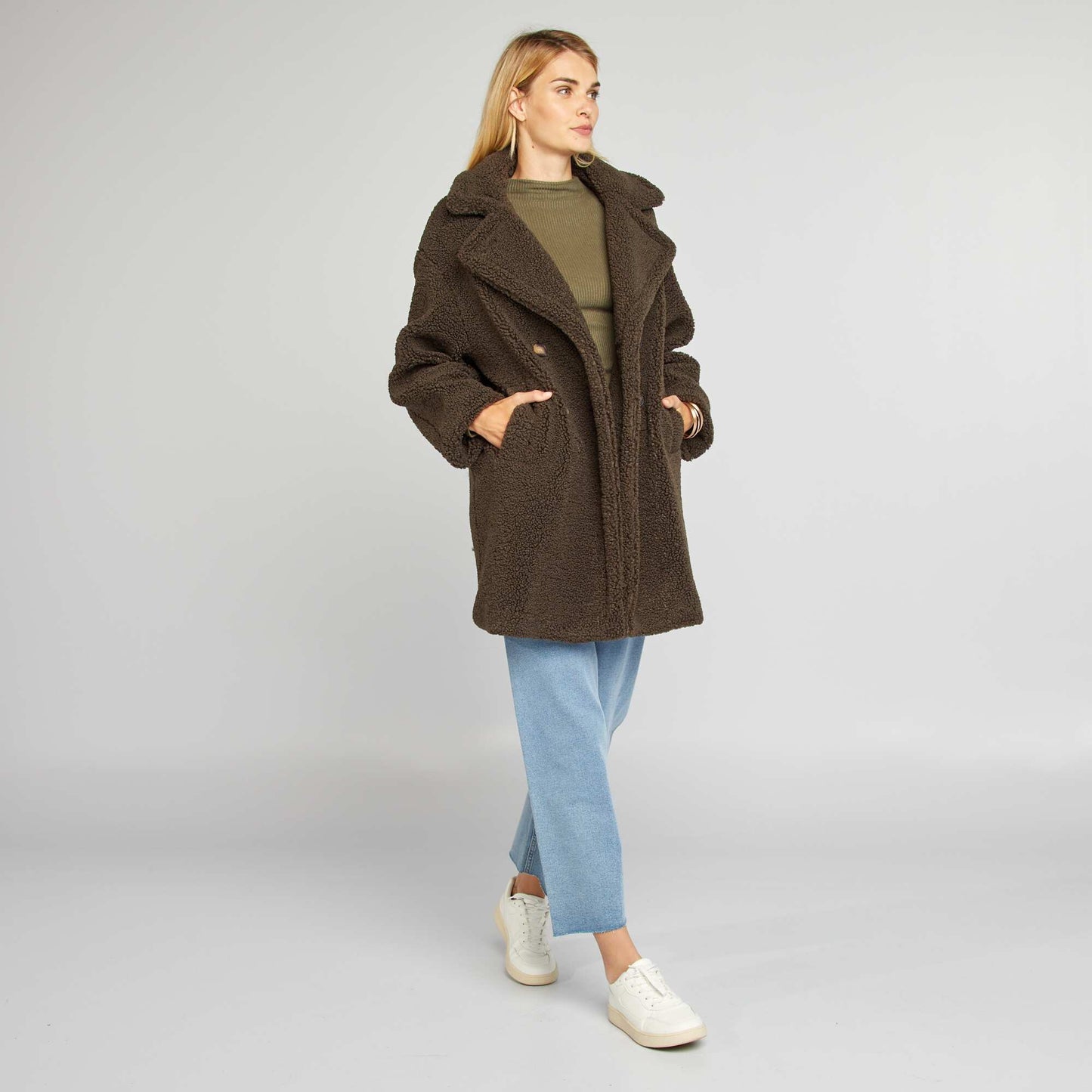 Manteau mi-long forme caban effet moutonné Kaki