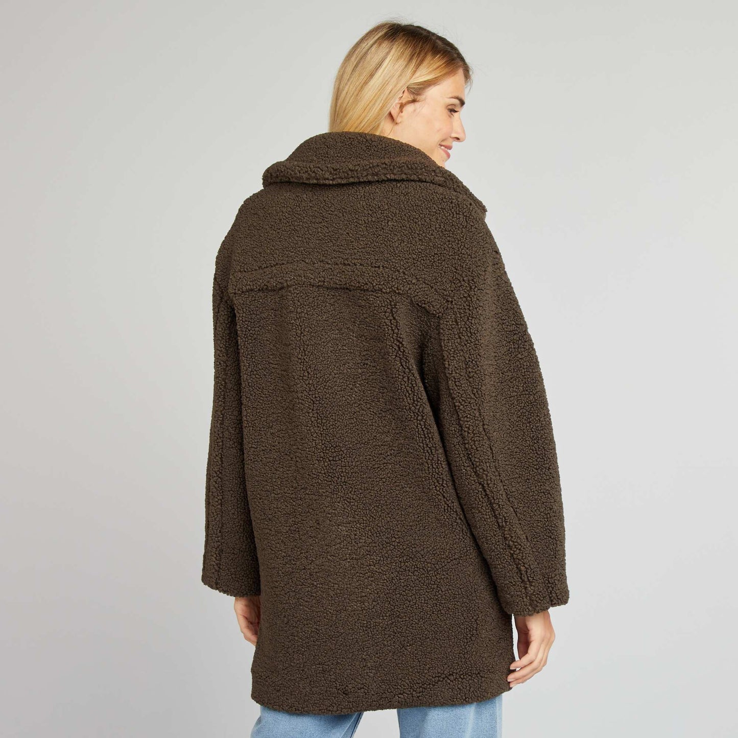 Manteau mi-long forme caban effet moutonné Kaki