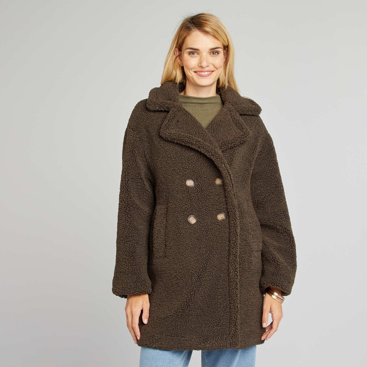 Manteau mi-long forme caban effet moutonné Kaki