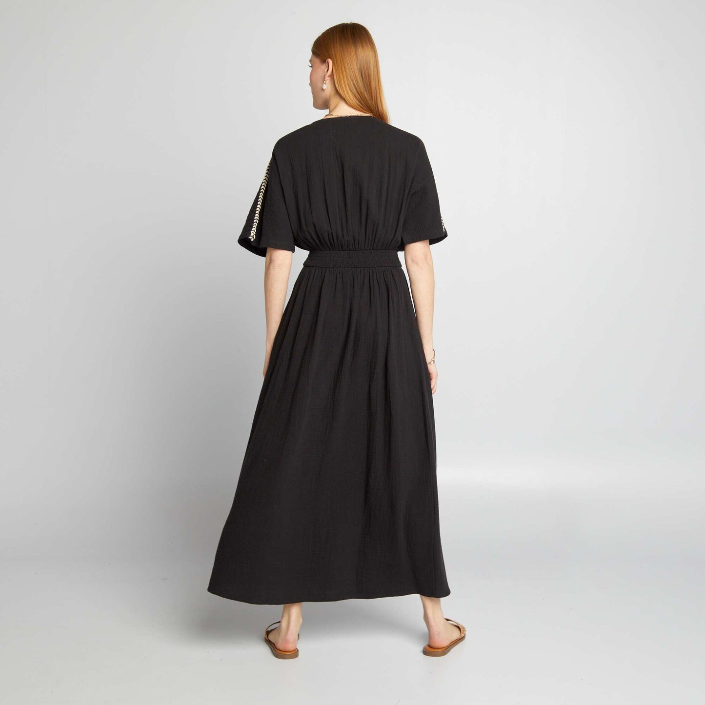 Robe longue en gaze de coton tress e noir