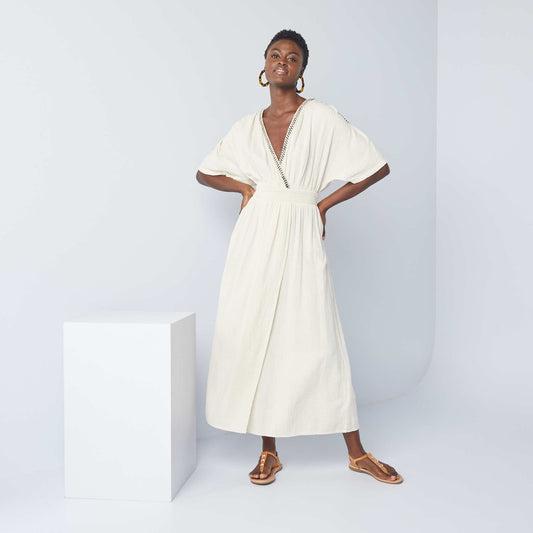 Robe longue en gaze de coton tressée Beige