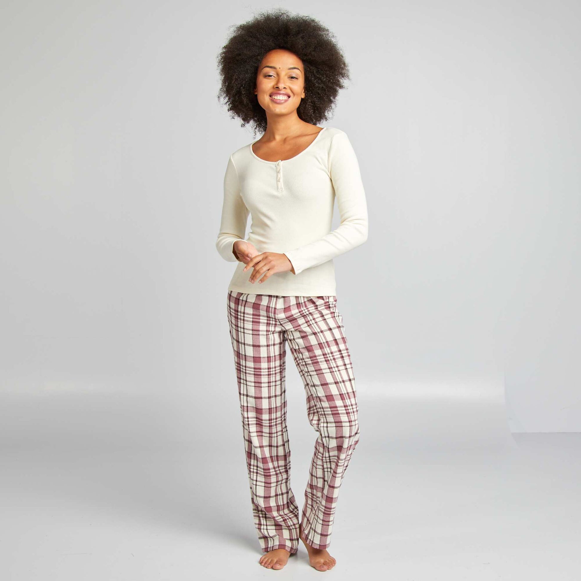 Ensemble pyjama tee-shirt + pantalon carreaux Beige/carreaux