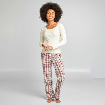 Ensemble pyjama tee-shirt + pantalon carreaux Beige/carreaux