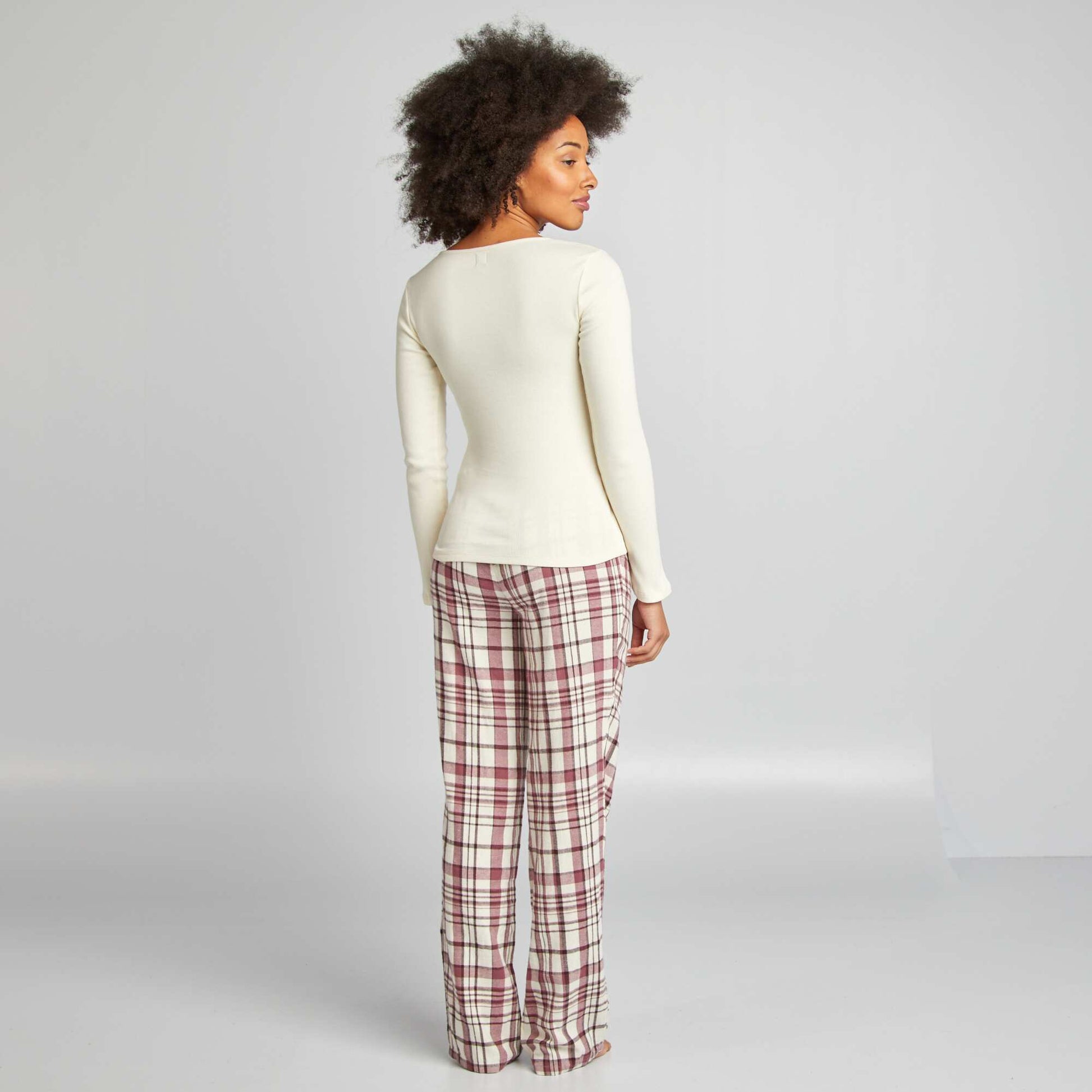 Ensemble pyjama tee-shirt + pantalon carreaux Beige/carreaux