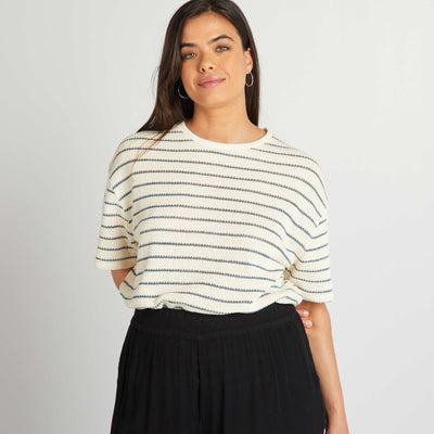 T-shirt en maille pointelle rayures Beige/bleu