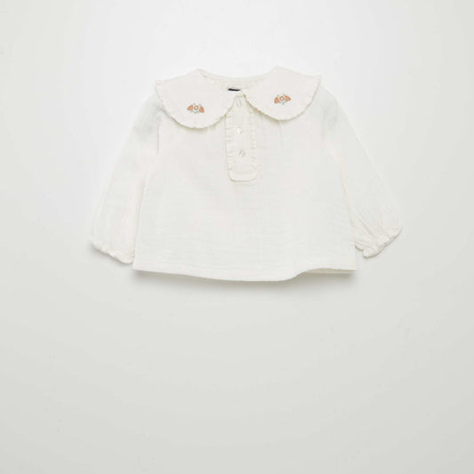 Blouse en double gaze de coton avec col claudine Blanc