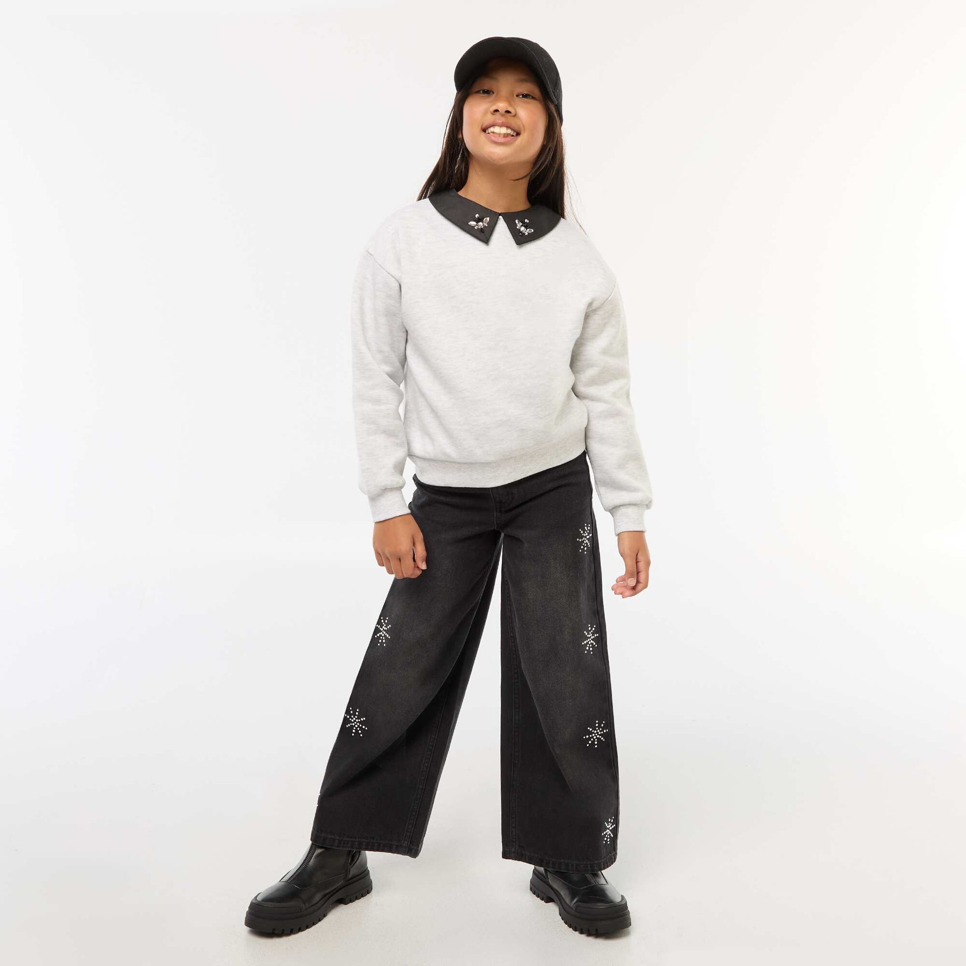Jean large avec flocons à strass GRIS
