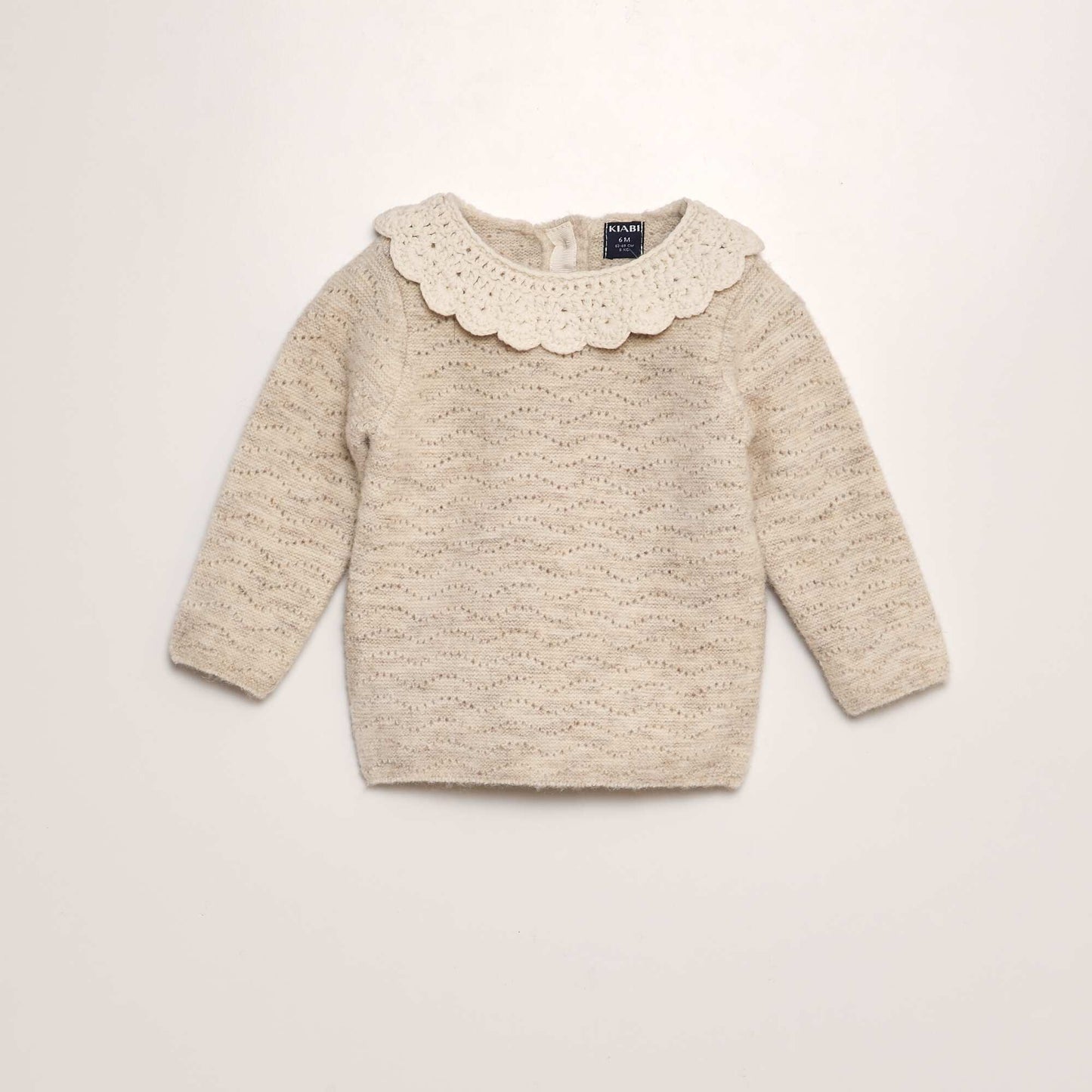 Pull en maille tricot + col crochet Beige