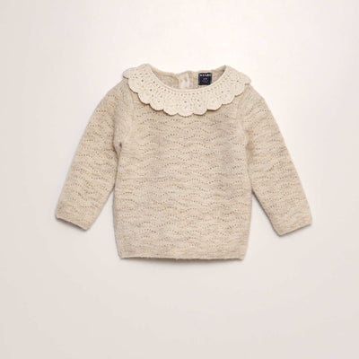 Pull en maille tricot + col crochet Beige