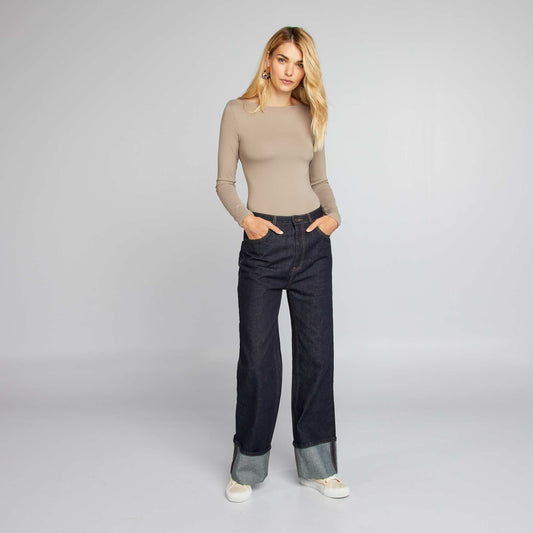 Jean large taille haute avec revers Bleu brut