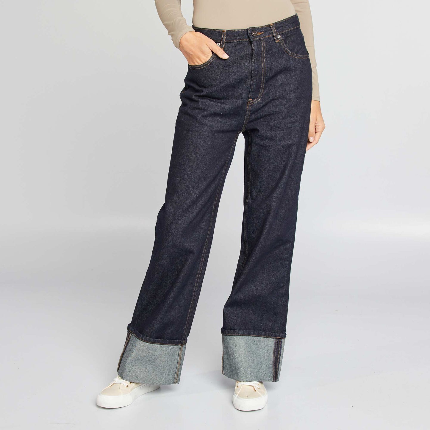 Jean large taille haute avec revers Bleu brut