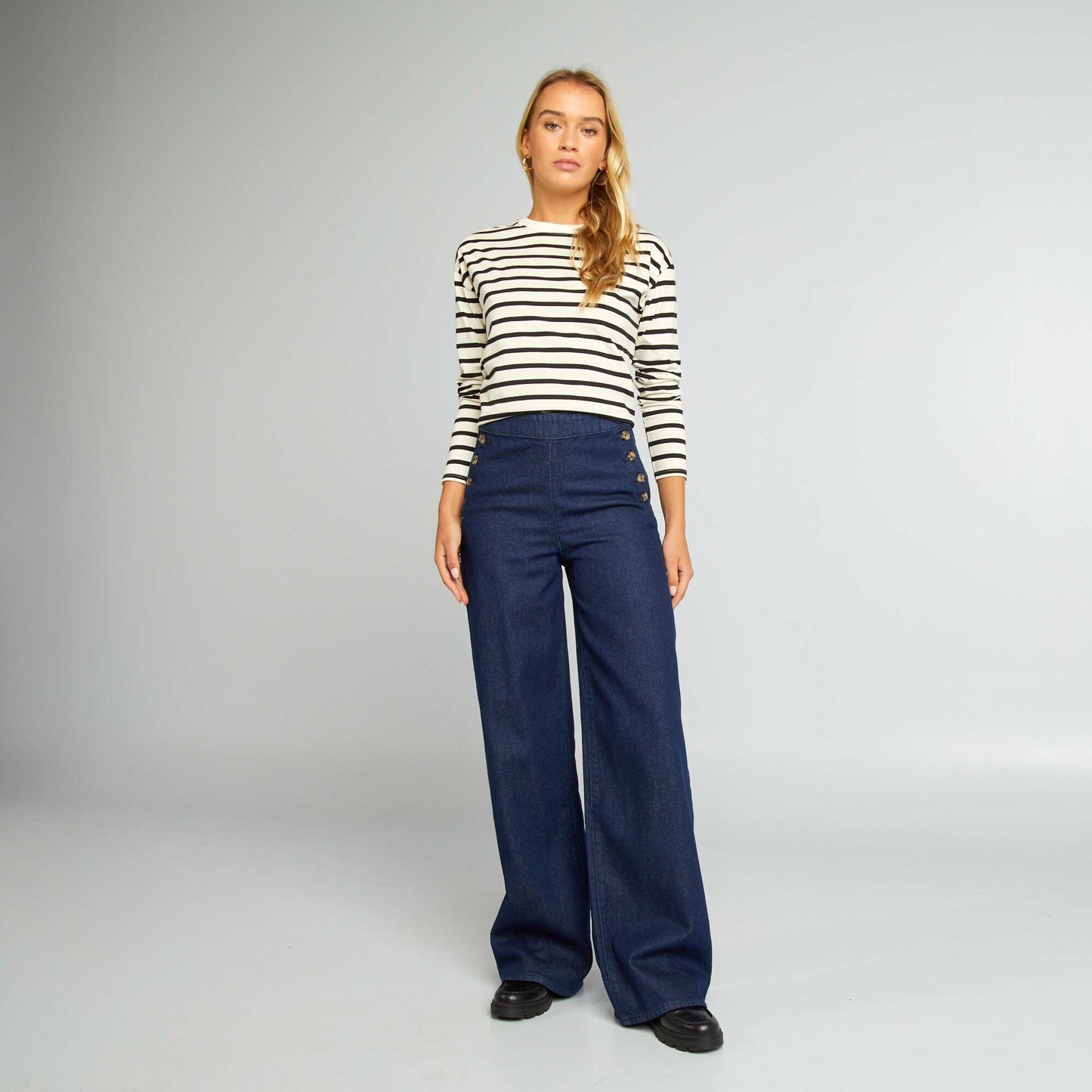 Pantalon en jean taille haute fa on marin Bleu