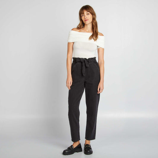 Pantalon denim mom avec ceinture nouer noir