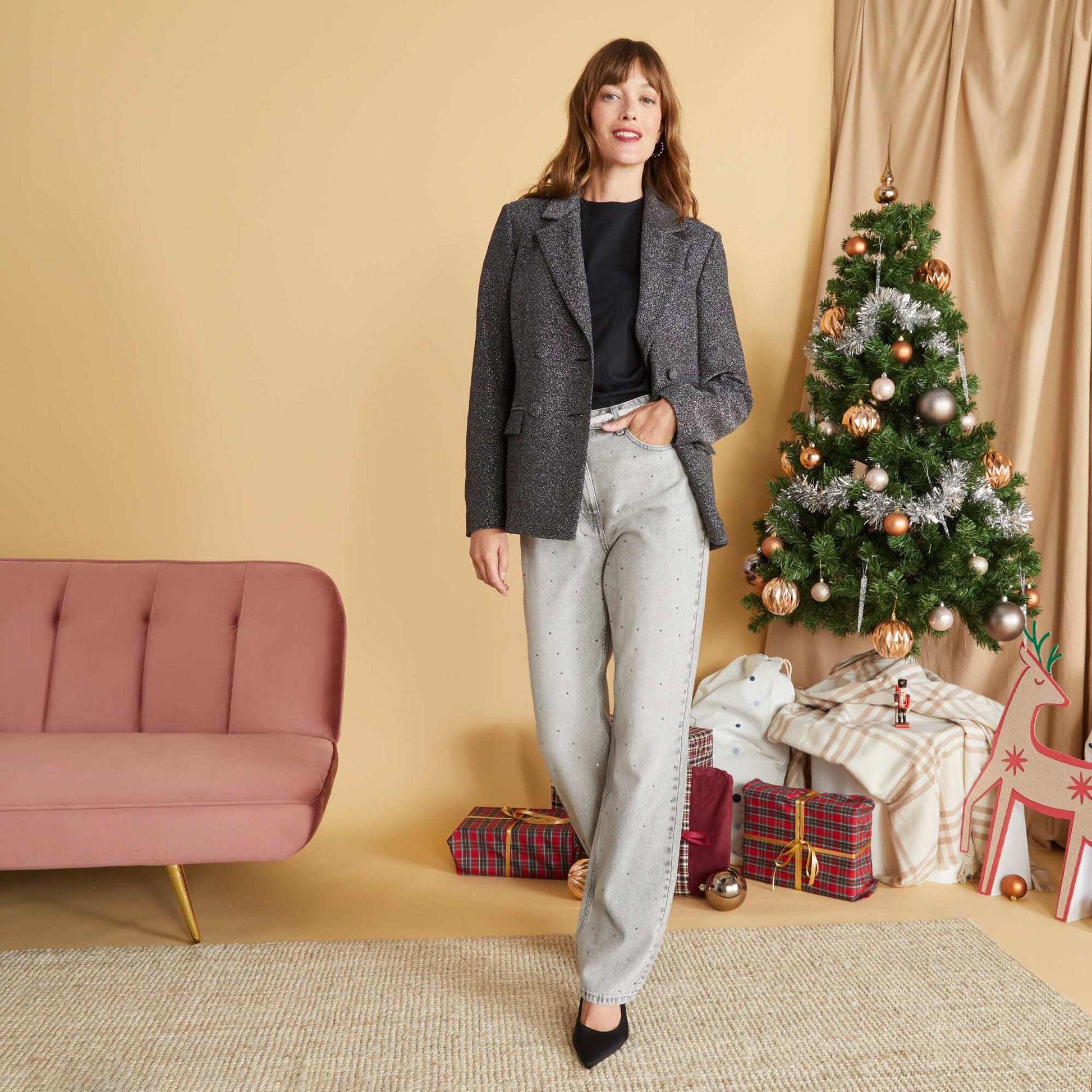 Pantalon taille haute straight avec strass Gris