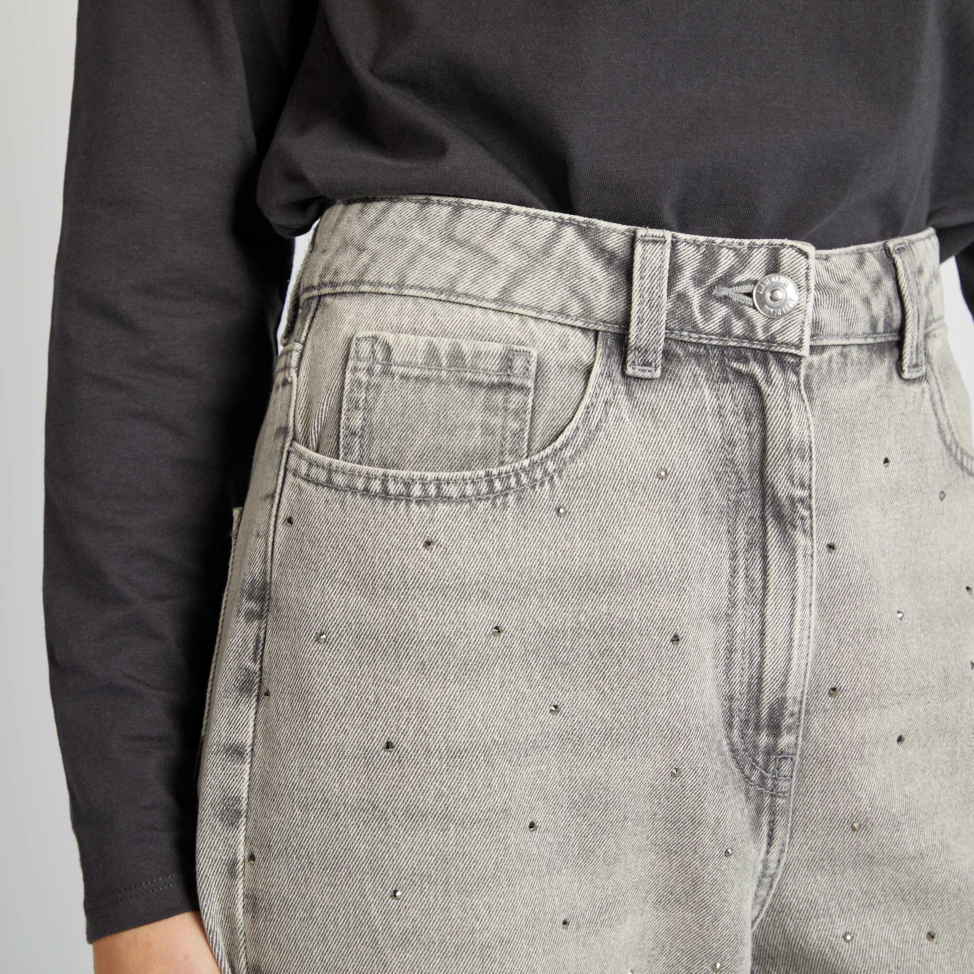 Pantalon taille haute straight avec strass Gris