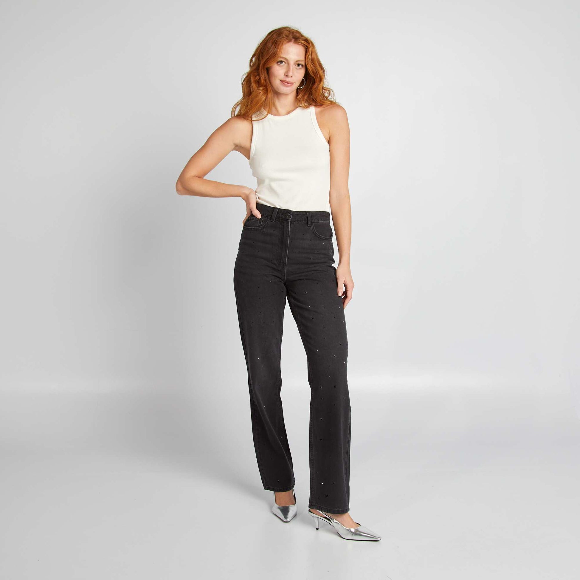 Pantalon taille haute straight avec strass - L32 Gris