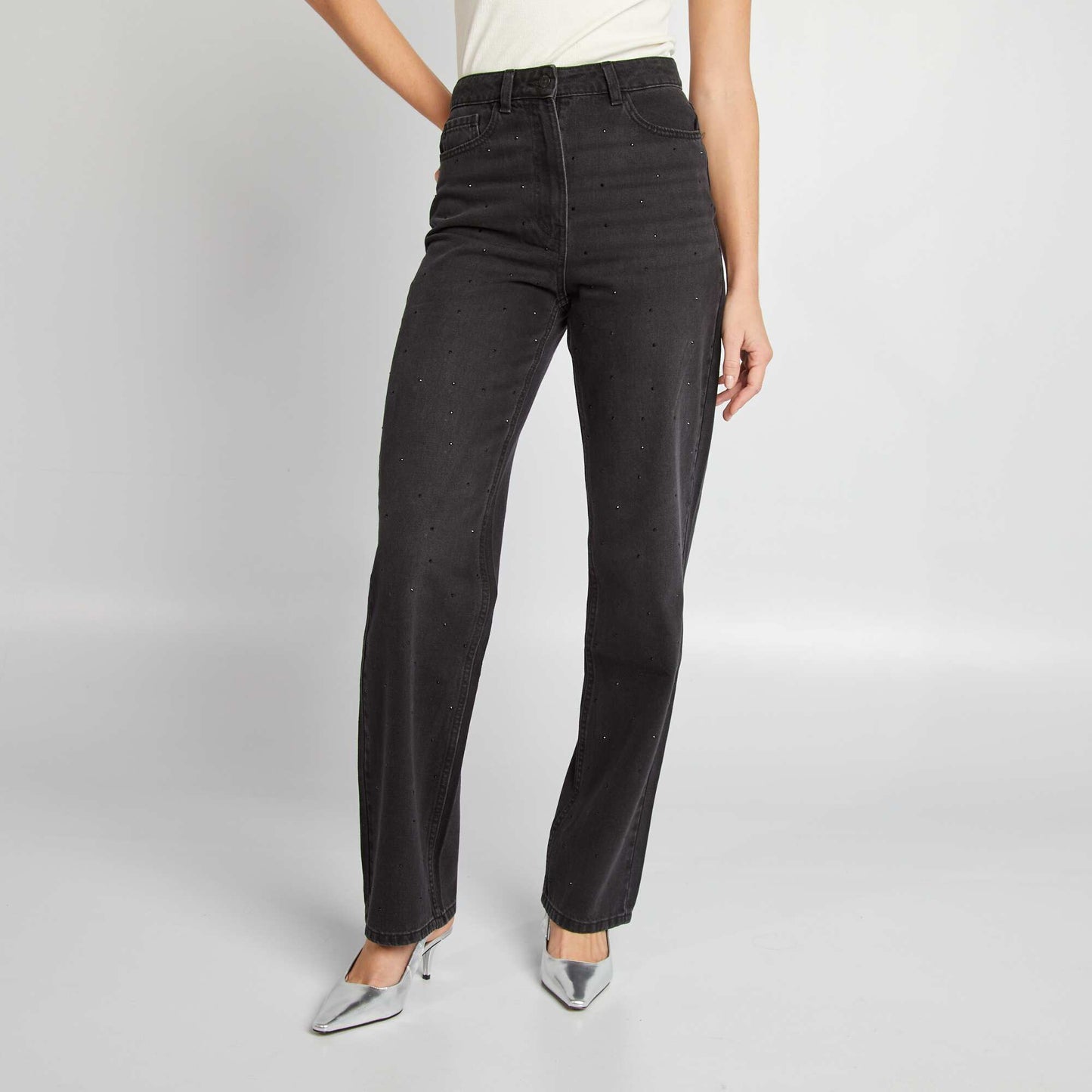 Pantalon taille haute straight avec strass - L32 Gris