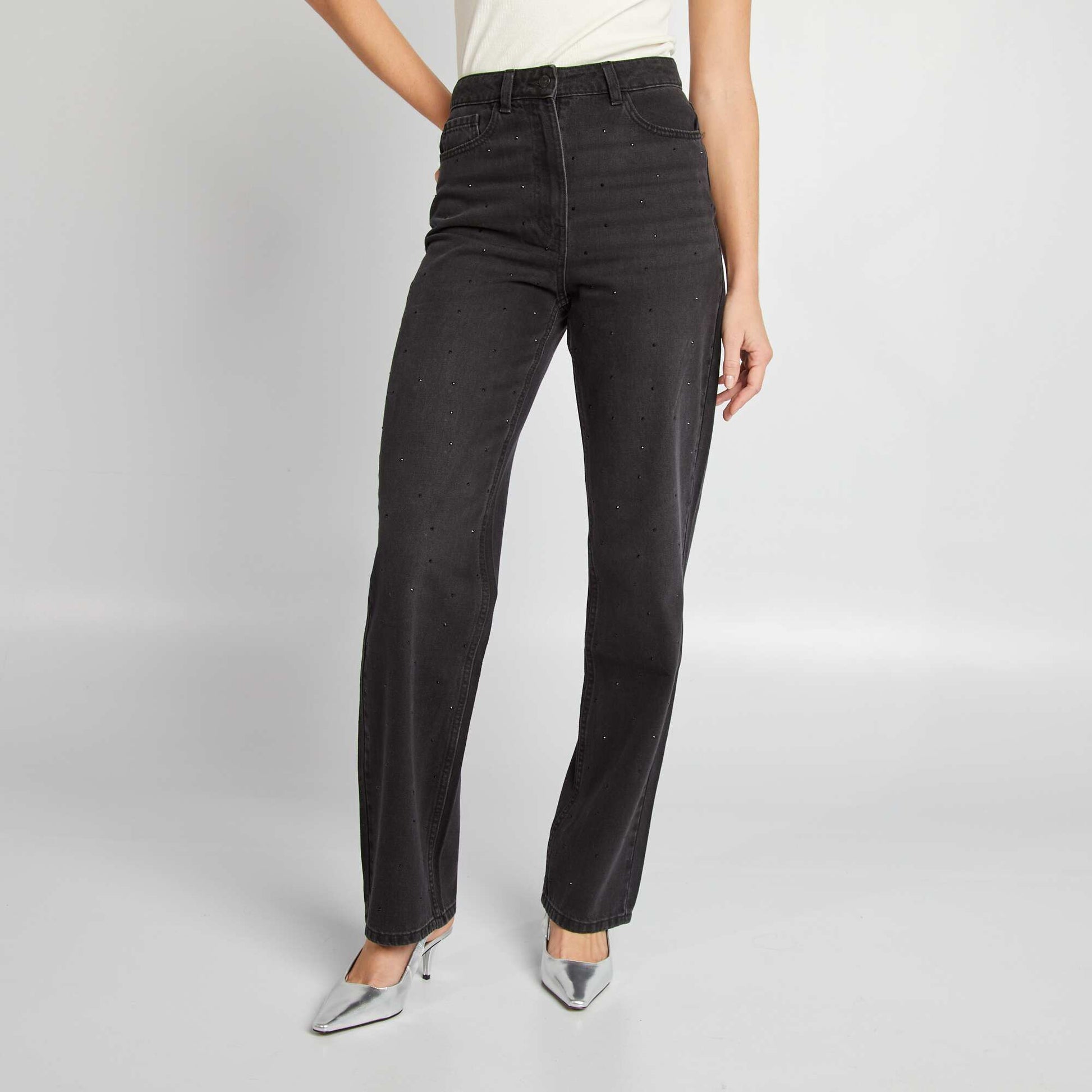 Pantalon taille haute straight avec strass - L32 Gris