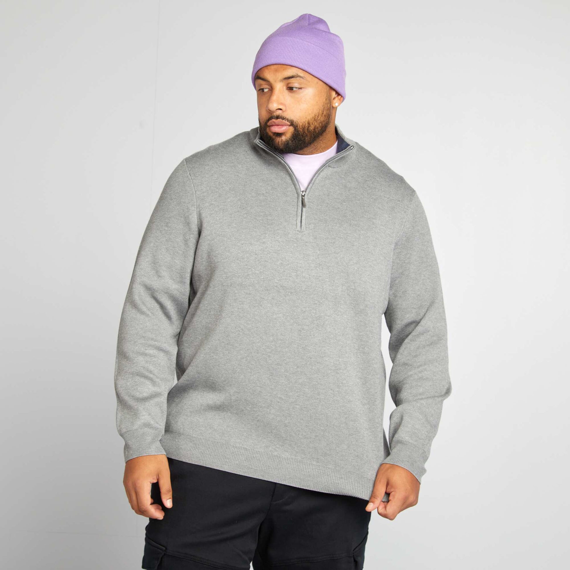 Pull uni avec col camionneur zippé Gris