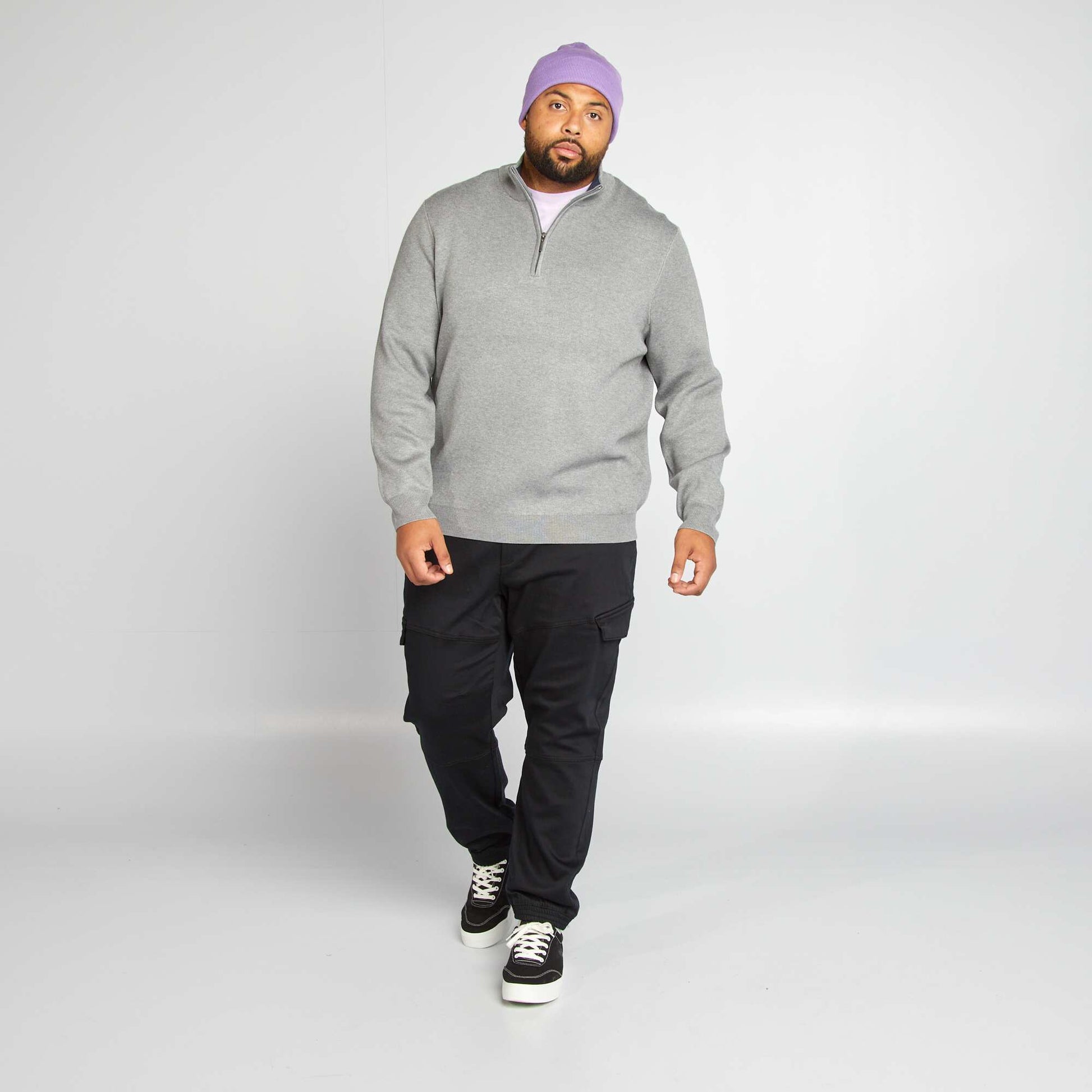 Pull uni avec col camionneur zippé Gris