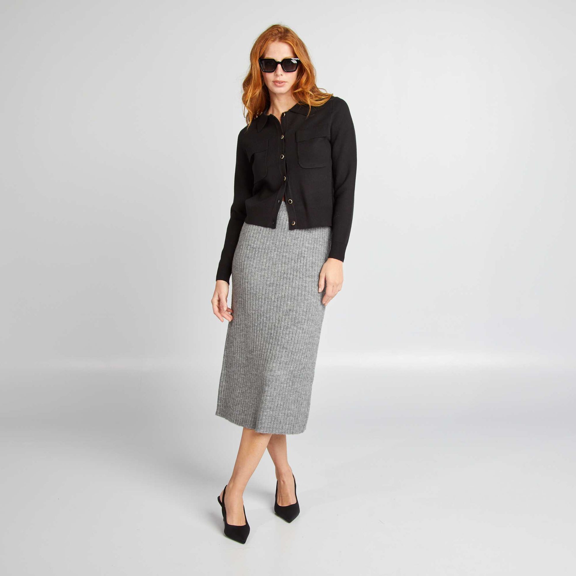 Jupe midi en maille c tel e GRIS