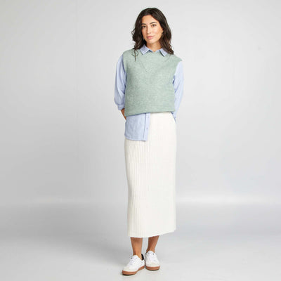 Jupe midi en maille côtelée blanc