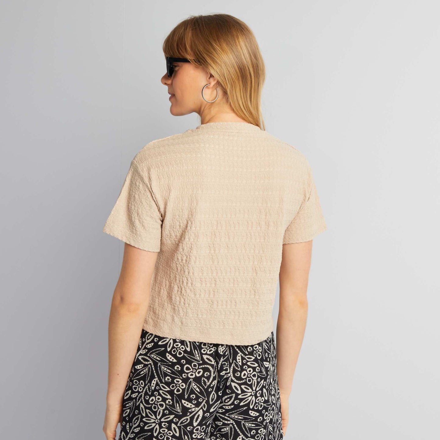 T-shirt stretch en mailel gaufrée Beige