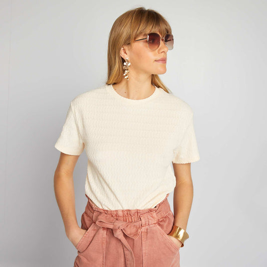 T-shirt stretch en mailel gaufr e Beige cr me
