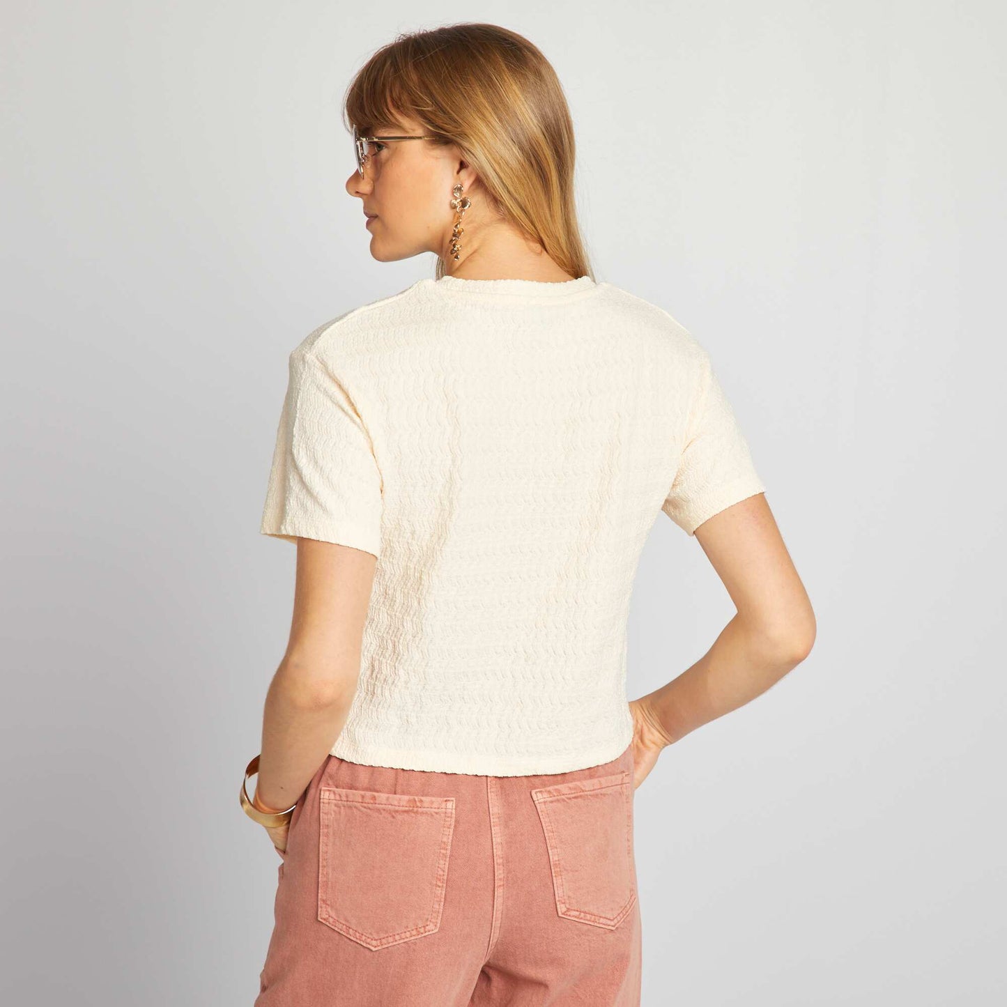 T-shirt stretch en mailel gaufrée Beige crème